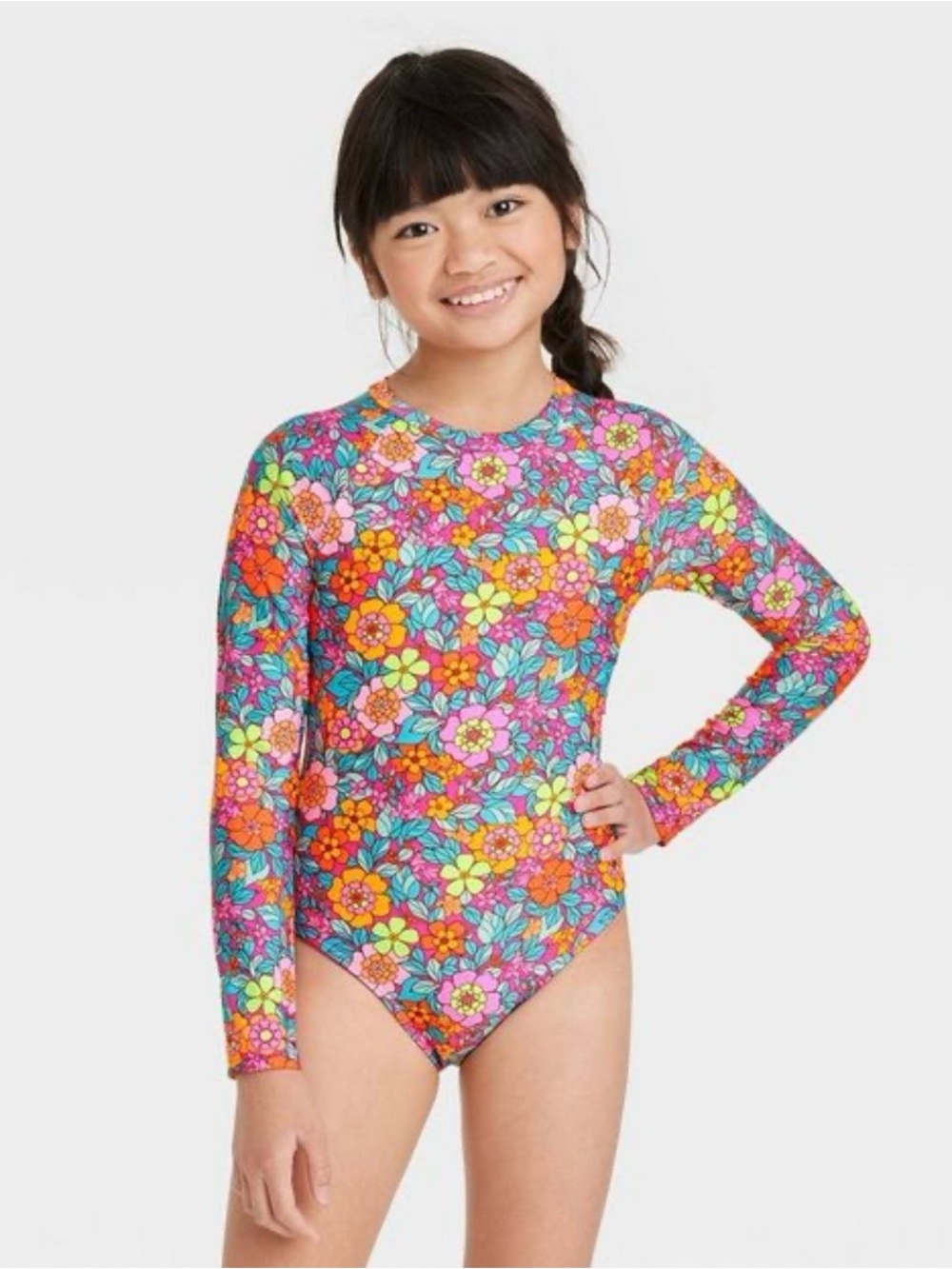 GUC Cat & Jack Girls Floral Long-Sleeve Rashguard One-Piece Swimsuit L 10-12
